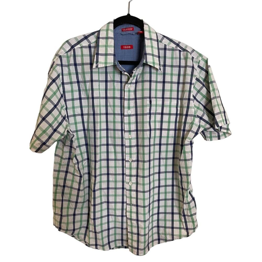 Men's IZOD Cotton Blend Short Sleeve Blue Plaid No Iron Shirt SIZE XL